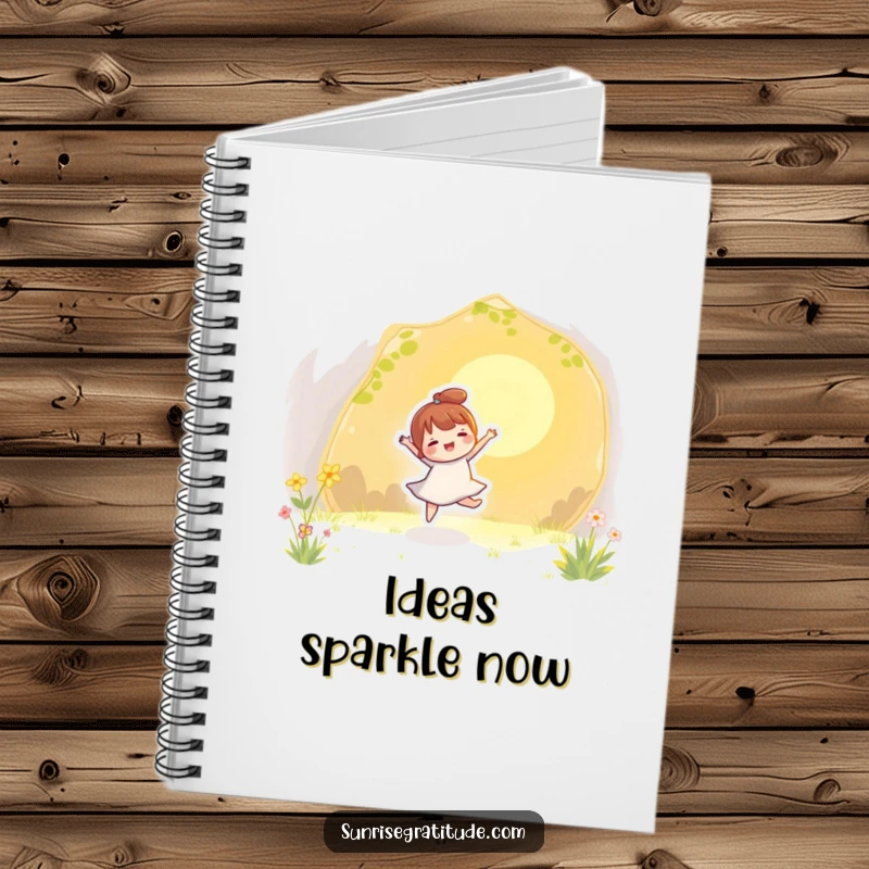 Funny notebook cover with a character dancing gleefully with the first golden rays of sunlight, ready for creative thoughts.