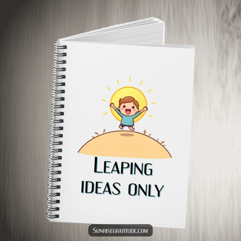 Funny notebook with a playful character leaping with joy as the sun rises over a hill.