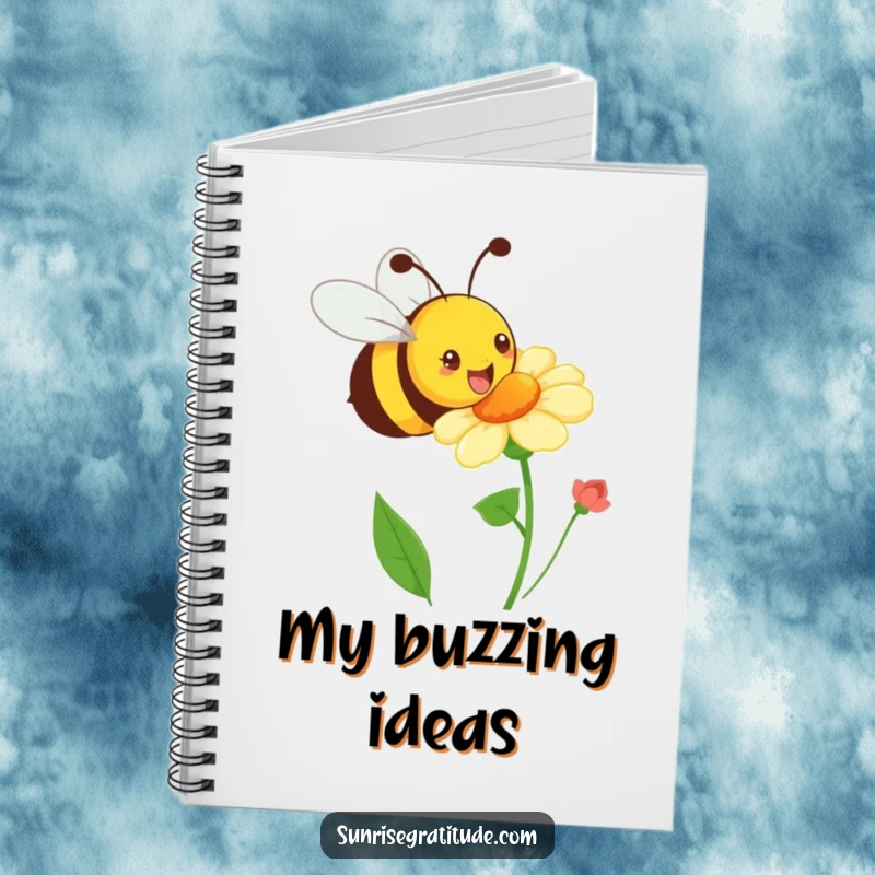 Funny playful bee notebook, buzzing happily towards a blooming flower, perfect for notes and ideas. A humorous and inspiring tool.