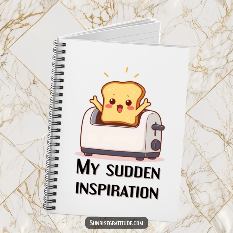 Funny notebook cover featuring a surprised toast character jumping out of a toaster with a light beam, perfect for note-taking.
