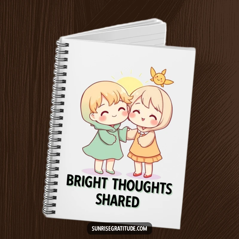 Kind notebook cover with a character sharing a ray of sunshine, symbolizing shared ideas and warmth.