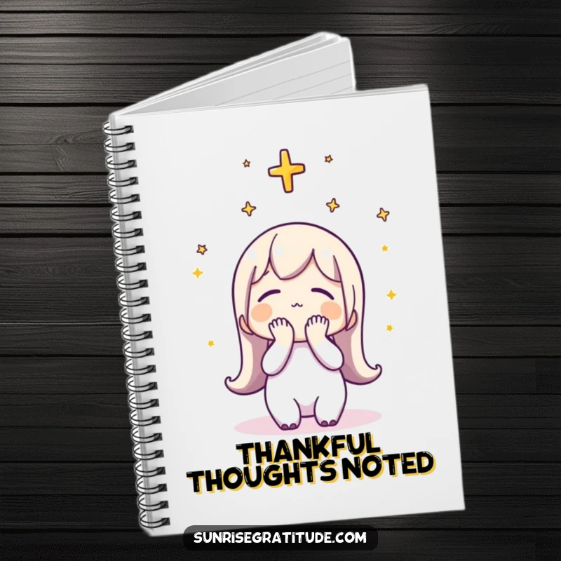 Funny Notebook: A character in thankful pose at sunrise, ideal for journaling gratitude and reflections.