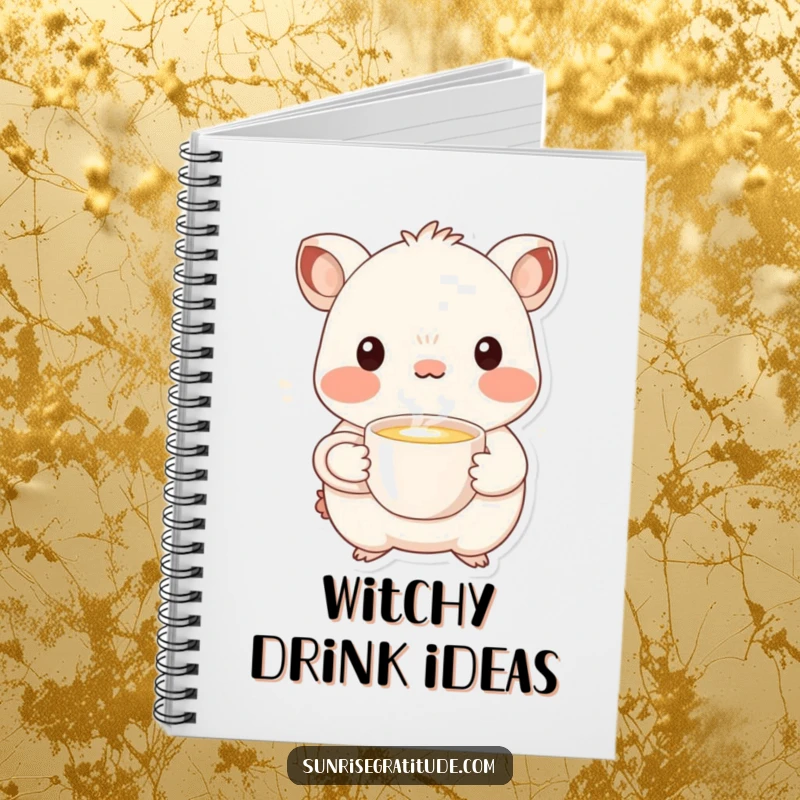 Funny whimsical creature notebook offering a steaming cup, perfect for jotting down warm ideas.
