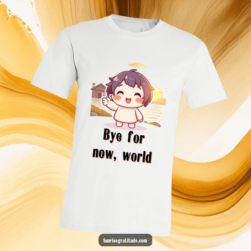 Funny Sunset Wave T-Shirt: Smiling character waving goodbye to a glowing sunset, a relaxed and funny design.