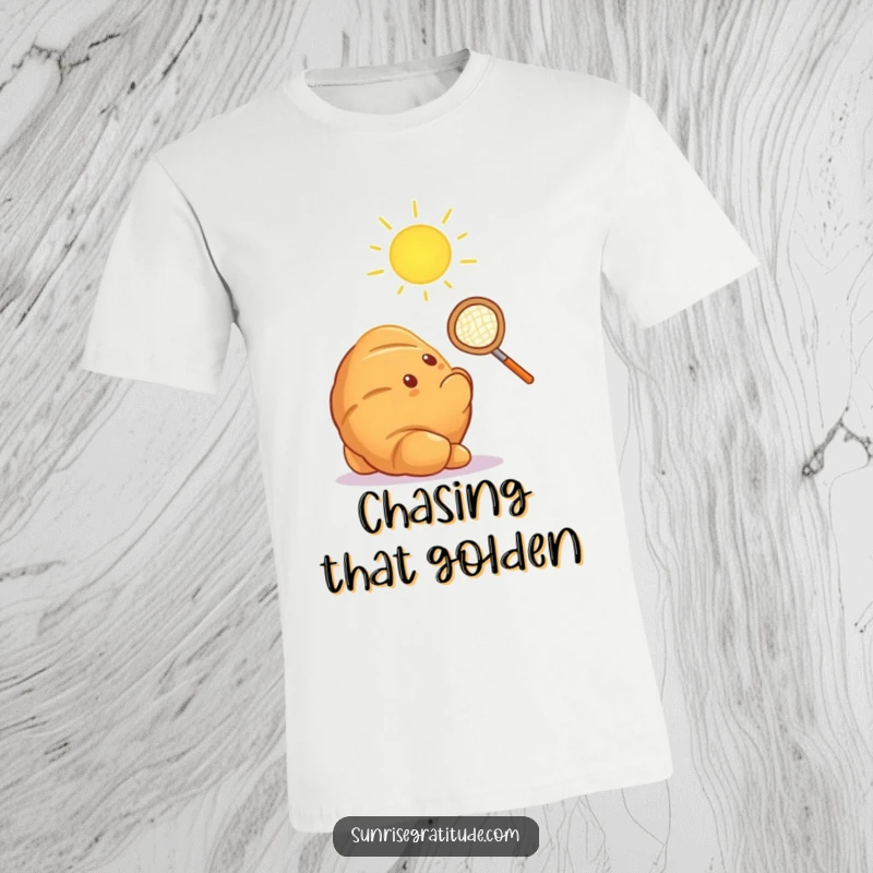 Funny radiant croissant with a tiny net trying to catch the first sun ray, a whimsical t-shirt.