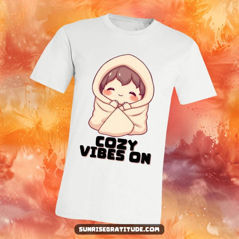 Funny t-shirt depicting a character happily wrapped in a blanket, smiling peacefully at the start of a new day.
