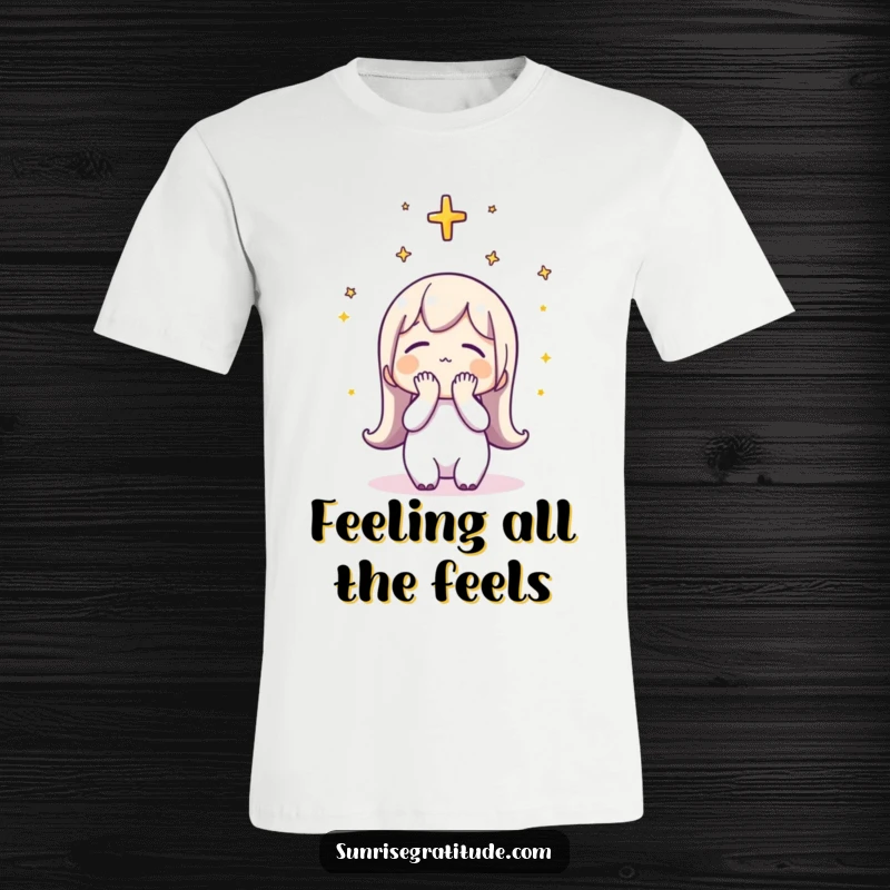 Funny T-Shirt: A character bowing its head in thankfulness to the sky during a beautiful sunrise.