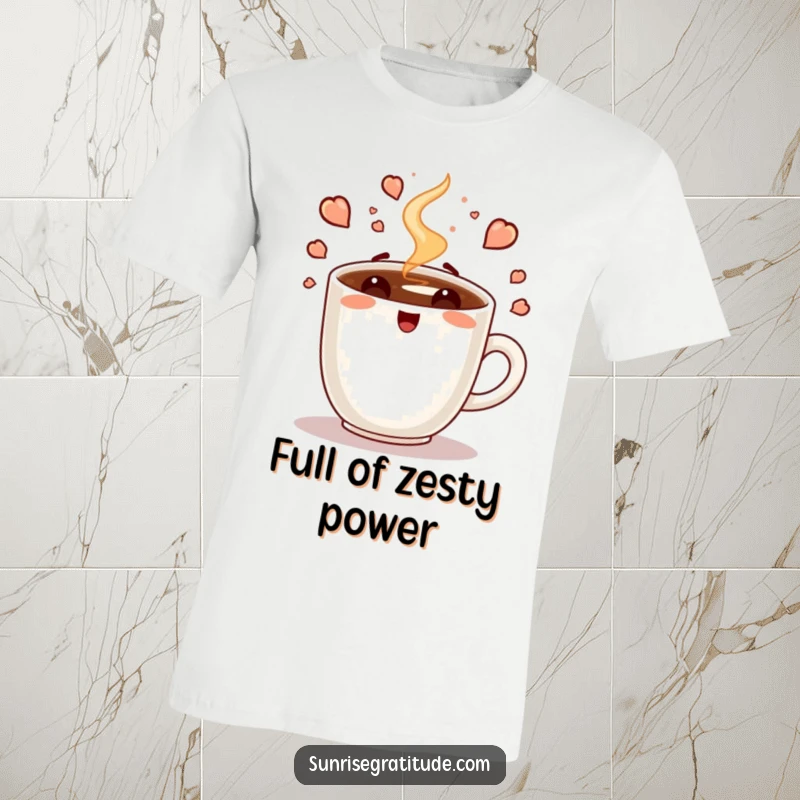 Funny t-shirt design of an enthusiastic coffee cup steaming with the energy of a brand new day, promoting positivity.