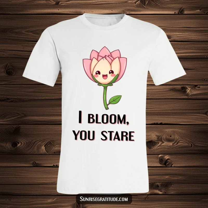 Funny delighted flower bud T-shirt, unfurling petals gracefully, celebrating natural beauty and growth. A humorous and elegant design.
