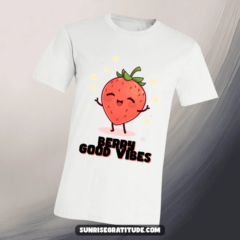 Funny giggling strawberry juggling glowing dew drops at dawn, a whimsical and humorous t-shirt.