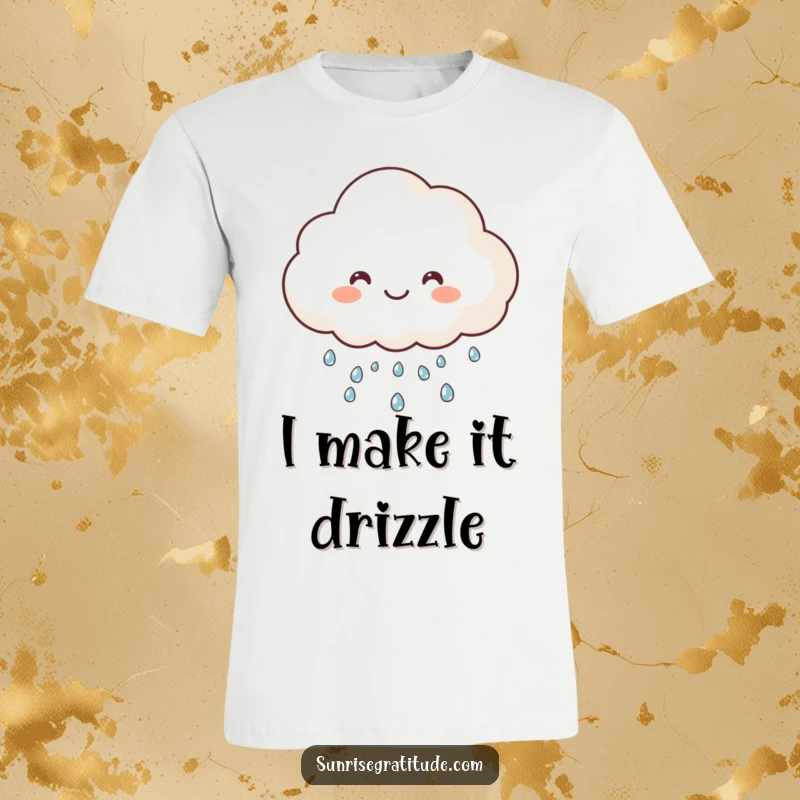 Funny happy cloud character T-shirt, gently raining sparkling dew, symbolizing joy and refreshment. Perfect for cheerful individuals.