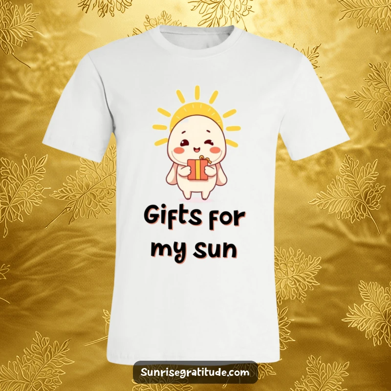 Funny t-shirt depicting a cheerful character offering a gift to the morning sun, symbolizing generosity.