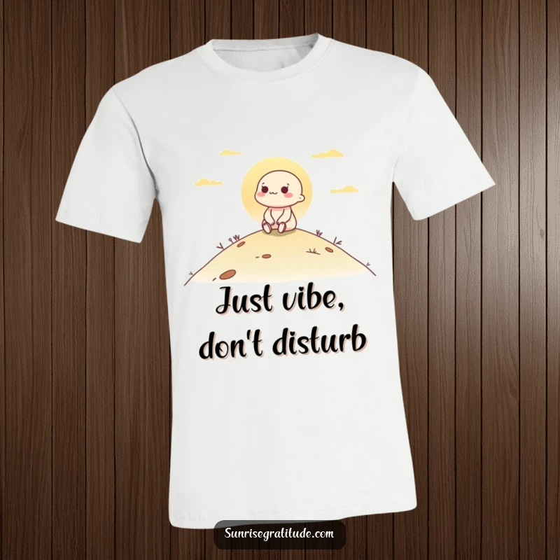 Funny t-shirt featuring a happy character sitting on a hill, embracing the calm beauty of a sunrise, perfect for serene moments.