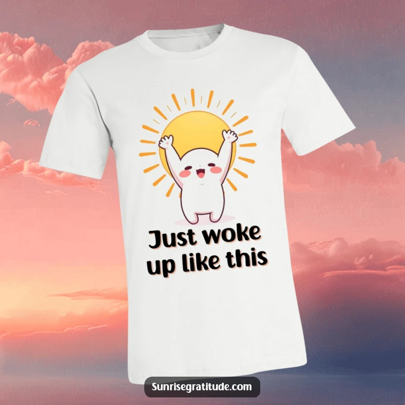 Funny t-shirt with a cute character stretching arms to a bright sunrise, capturing the essence of morning awakening.