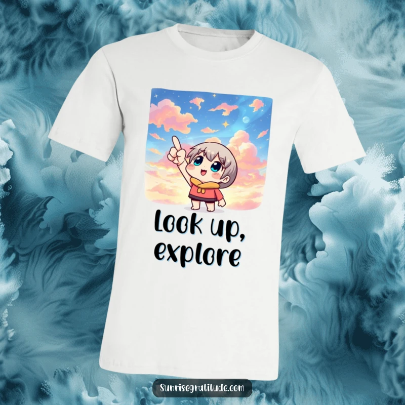 Inspiring t-shirt showing a character pointing skyward at a breathtakingly beautiful, multicolored sky, evoking a sense of amazement.