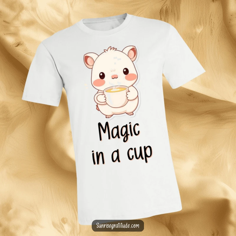 Funny whimsical creature t-shirt smiling and offering hot drink, perfect for cheerful humor.