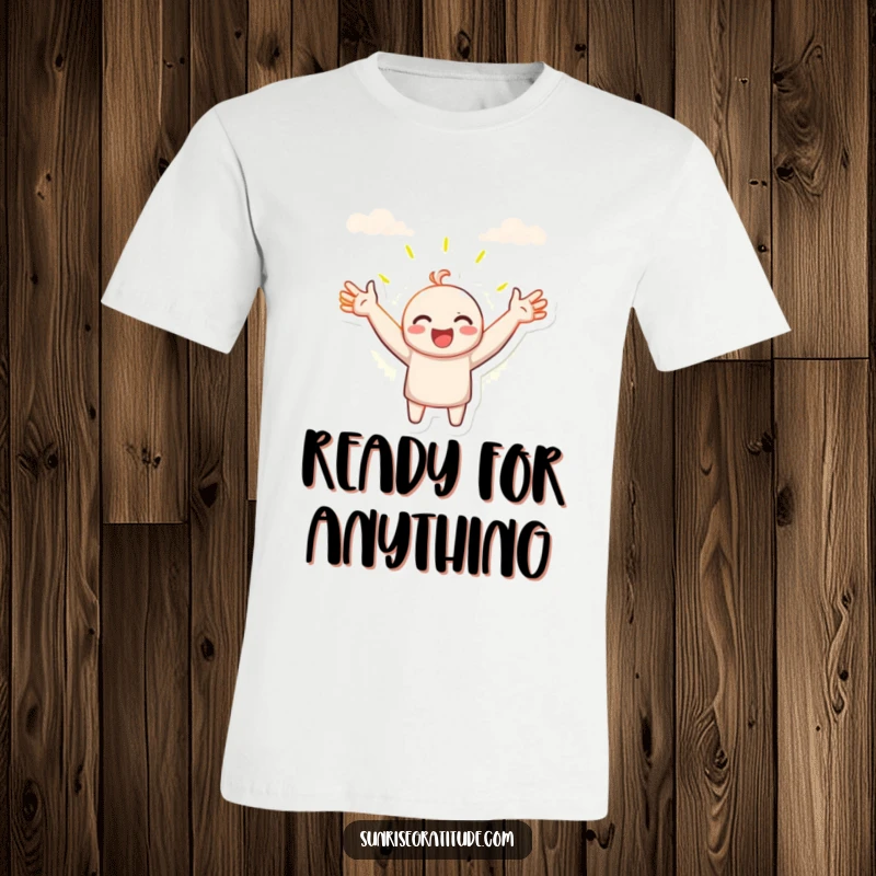 Funny t-shirt, character with open arms greeting the sunrise, positive embrace of a new day, cheerful and optimistic vibe, funny gift.
