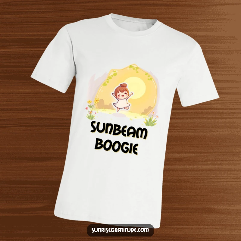 Funny t-shirt showing an energetic character leaping and dancing with the first golden rays of the morning sunlight.