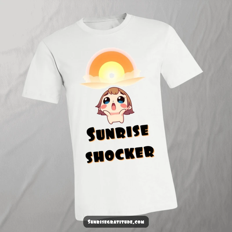 Funny t-shirt depicting a surprised character looking up in awe at a vibrant sunrise.