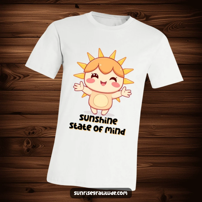 Funny t-shirt featuring a happy character holding hands with stylized sunbeams, radiating positivity and smiles.