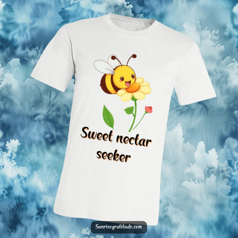 Funny playful bee T-shirt, buzzing happily towards a blooming flower, celebrating nature's energy. A humorous and lively design.