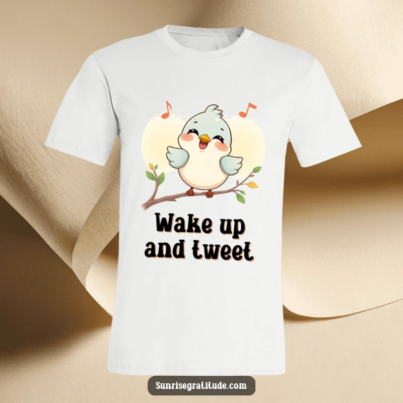 Funny smiling bird T-shirt, chirping a joyful tune at dawn, celebrating morning's beauty. A humorous and spirited design.