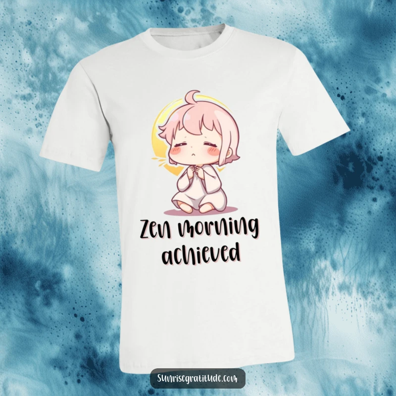 Funny t-shirt, character exhaling peacefully during sunrise, serene morning moment, zen vibes, peaceful relaxation, perfect funny gift.