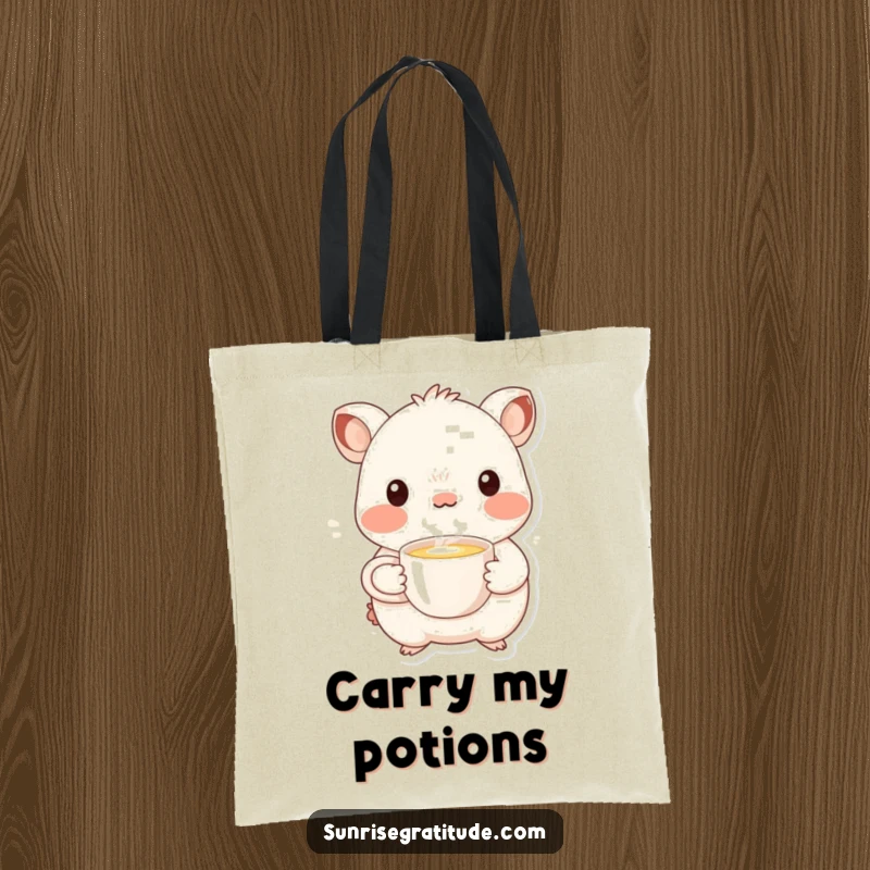 Funny whimsical creature tote bag offering a steaming cup, perfect for carrying items humorously.