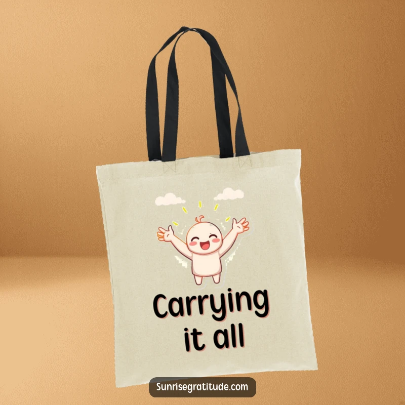 Funny tote bag, character with open arms welcoming the sunrise, carrying essentials with optimism, stylish and practical, excellent funny gift.