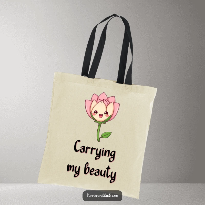Funny delighted flower bud tote bag, unfurling petals gracefully, practical and elegant for everyday use. A humorous accessory.