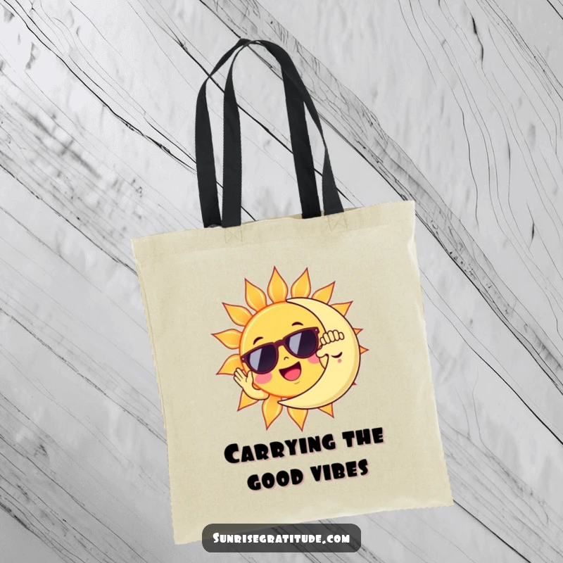 Funny sun in sunglasses high-fiving sleepy moon, a humorous and practical tote bag.