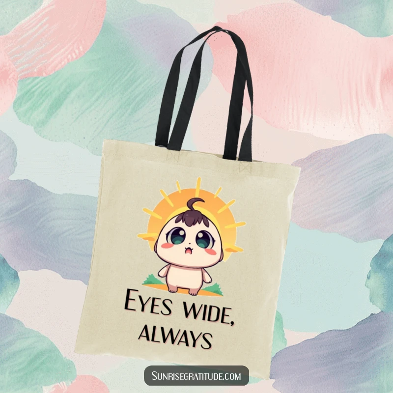 Funny Tote Bag: A character with wide, amazed eyes observing the sun emerge, carrying essentials.