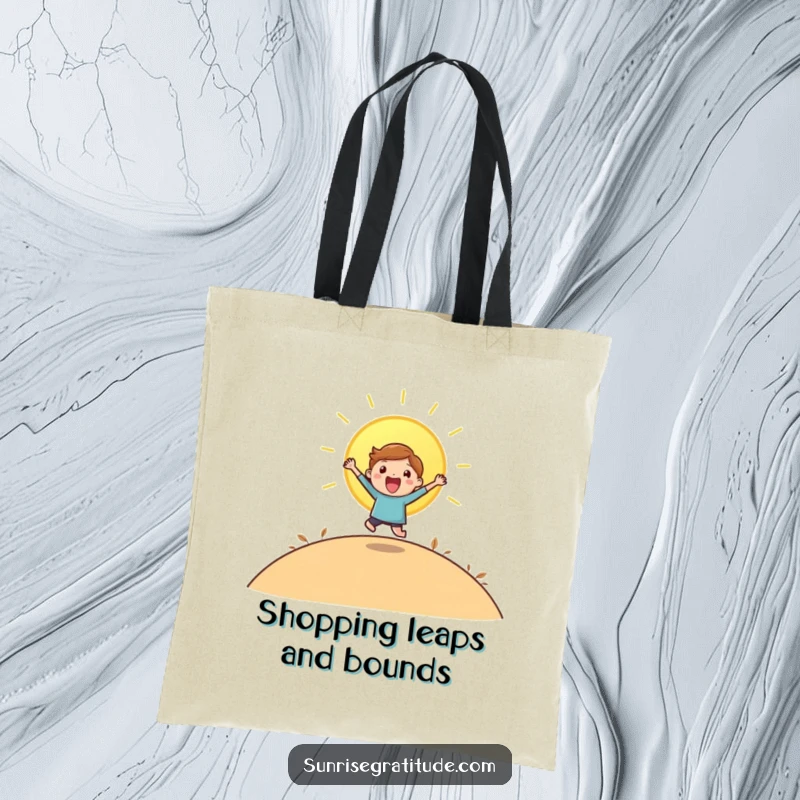 Funny tote bag with a playful character leaping with joy as the sun rises over a hill.