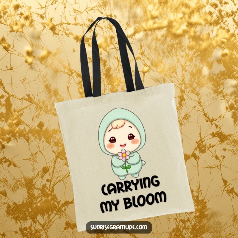 Funny tote bag with a supremely happy character holding a tiny, perfect blooming flower, showcasing a joyful and playful design.