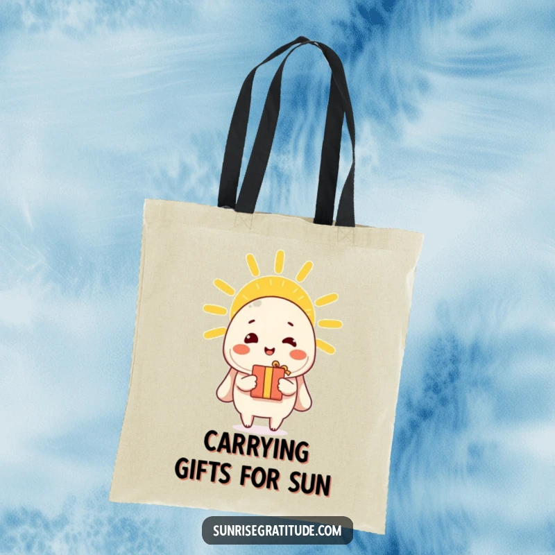 Funny tote bag with a cheerful character offering a gift to the morning sun, perfect for carrying joy.