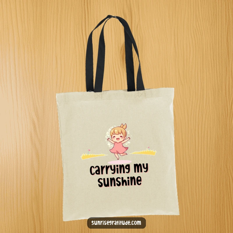Funny tote bag with a playful character dancing in the golden light of morning, ideal for carrying items with cheerful, energetic vibes.