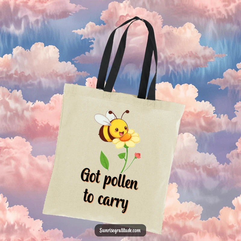 Funny playful bee tote bag, buzzing happily towards a blooming flower, practical and cheerful for everyday use. A humorous accessory.
