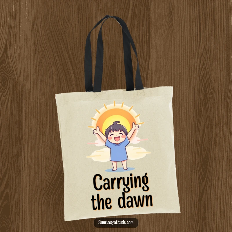 Funny tote bag with a character joyfully stretching towards a beautiful, colorful sunrise, embodying hope.