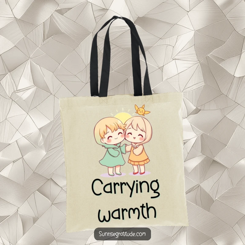 Meaningful tote bag featuring a character sharing a bright ray of sunshine with another, symbolizing generosity and shared joy.